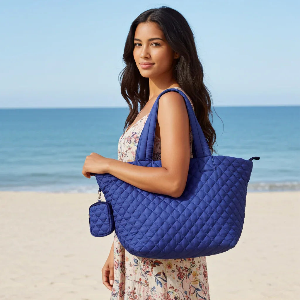 Large Quilted Nylon Tote Bag for Women – Lightweight Travel & Beach Carryall